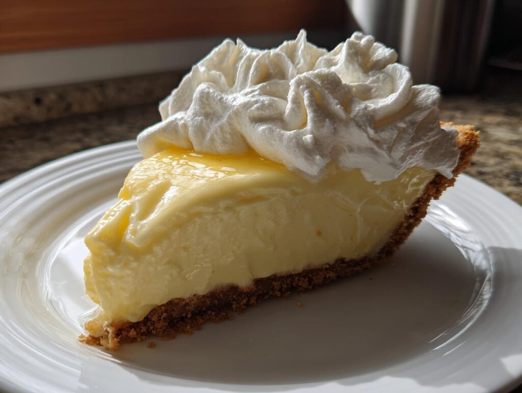 Slice of creamy lemon pie with graham cracker crust and whipped cream on top