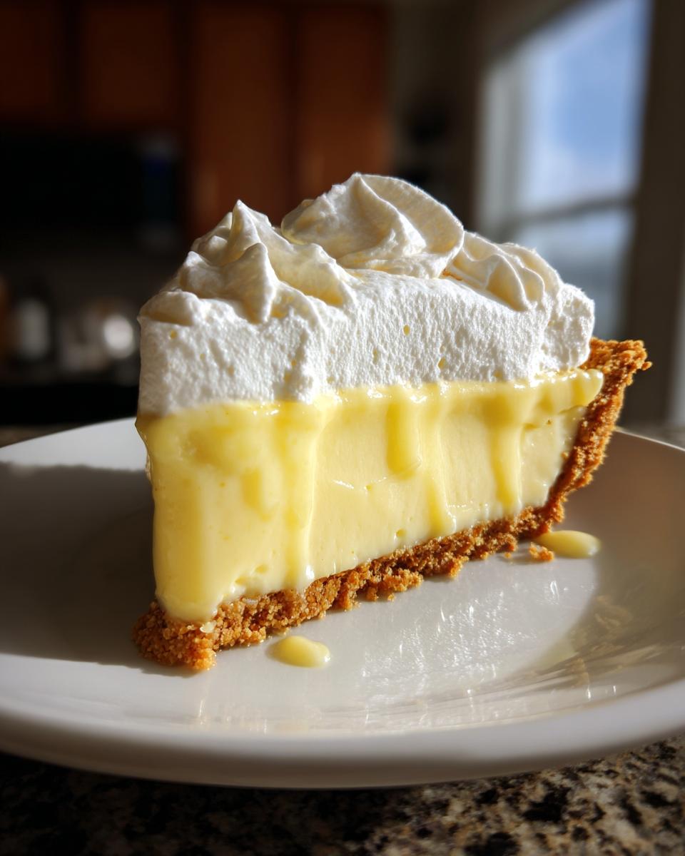 Slice of creamy lemon pie with graham cracker crust and whipped topping on white plate