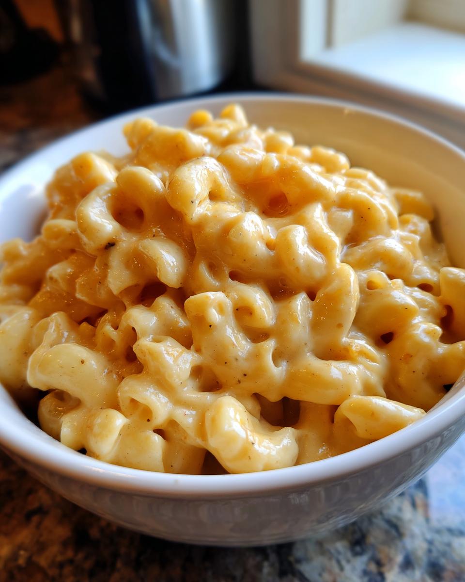 Close-up of creamy macaroni and cheese in a white bowl, a perfect comfort food dinner recipe
