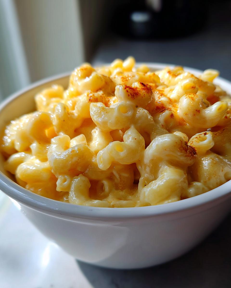 Close-up of creamy mac and cheese in a white bowl, a perfect comfort food dinner recipe