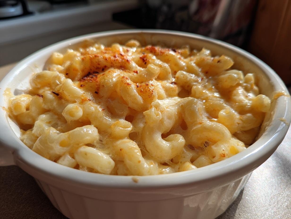 Close-up of creamy mac and cheese in a white bowl, a perfect comfort food dinner recipe.