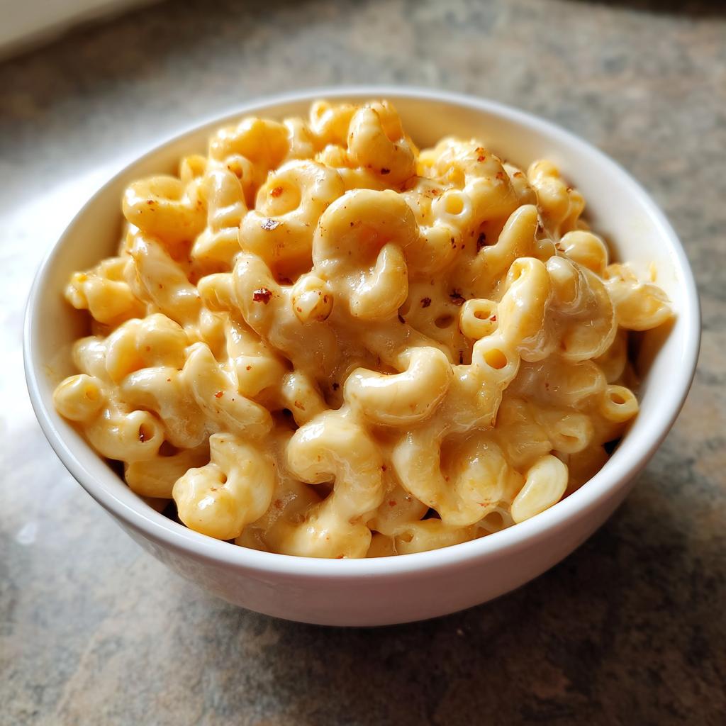Bowl of creamy mac and cheese with melted cheese and spices, a comfort food dinner recipe