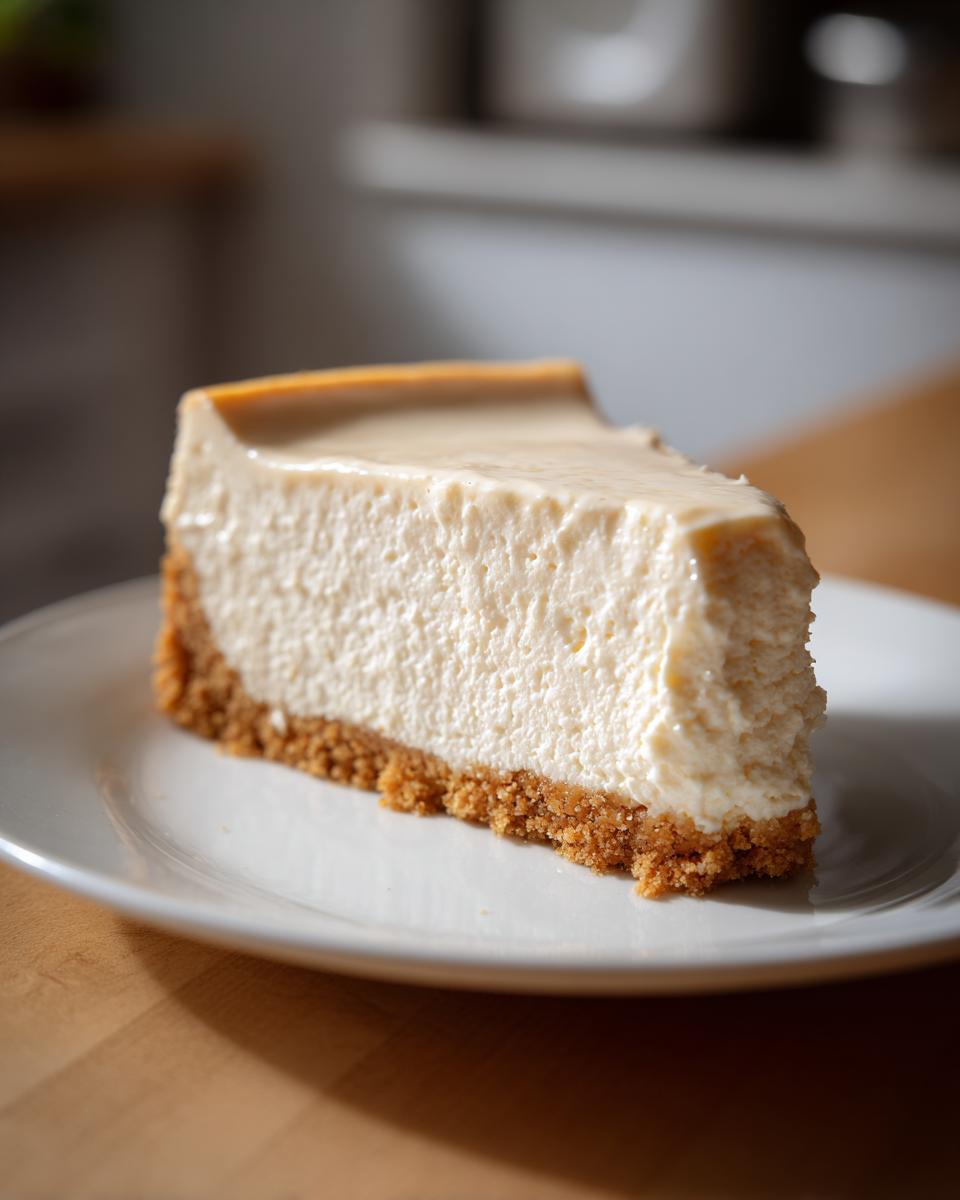 Close-up of a creamy slice of no bake cheesecake with graham cracker crust on a white plate.
