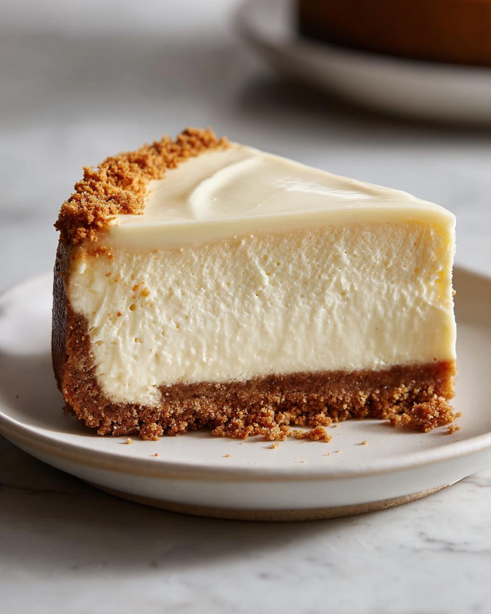 Close-up of a creamy no bake cheesecake slice with a graham cracker crust on a white plate.