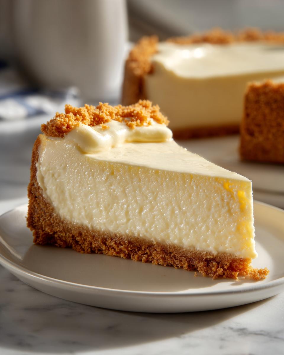 Close-up of a creamy no bake cheesecake slice with a graham cracker crust on a white plate.