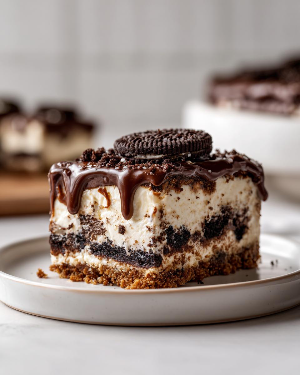 Close-up of a creamy Oreo dessert slice topped with chocolate and an Oreo cookie.