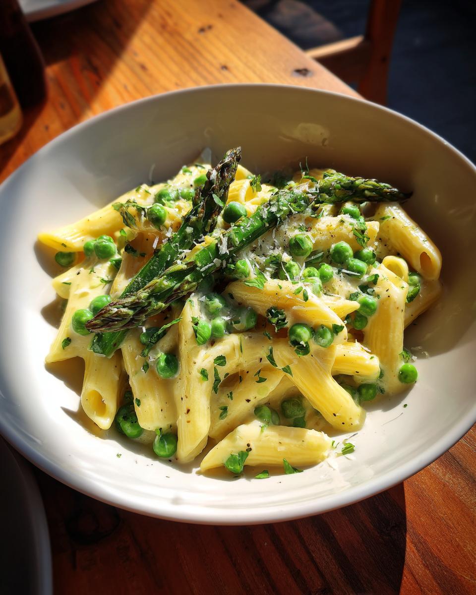Bowl of creamy penne pasta with green peas, asparagus, and herbs for spring pasta recipes