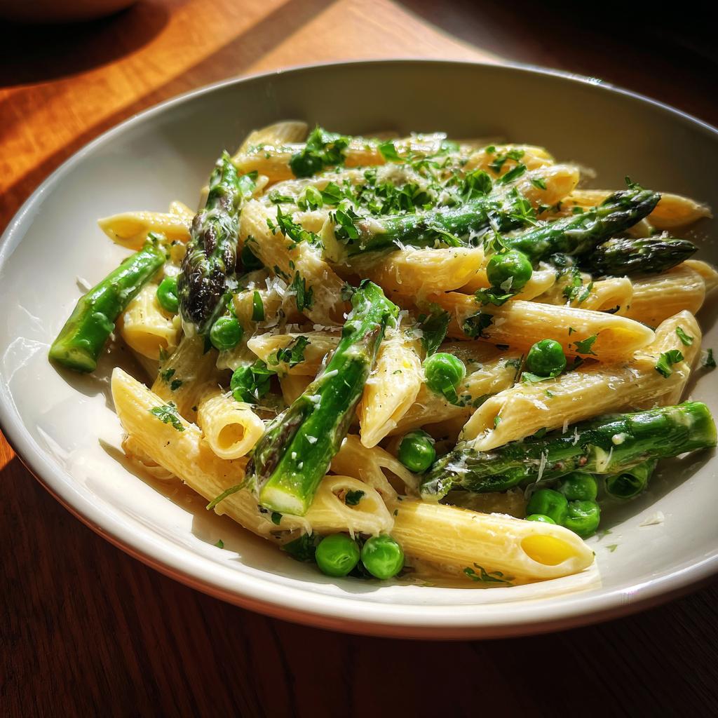 Bowl of creamy spring pasta recipes with penne, asparagus, peas, and herbs.