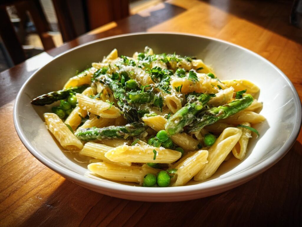 Bowl of creamy spring pasta with penne, asparagus, peas, and fresh herbs.