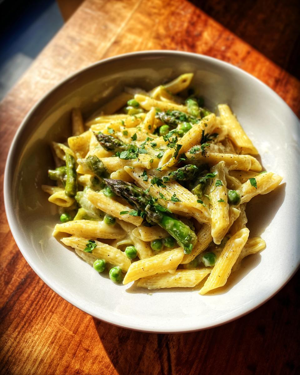Bowl of creamy spring pasta with penne, asparagus, peas, and herbs.