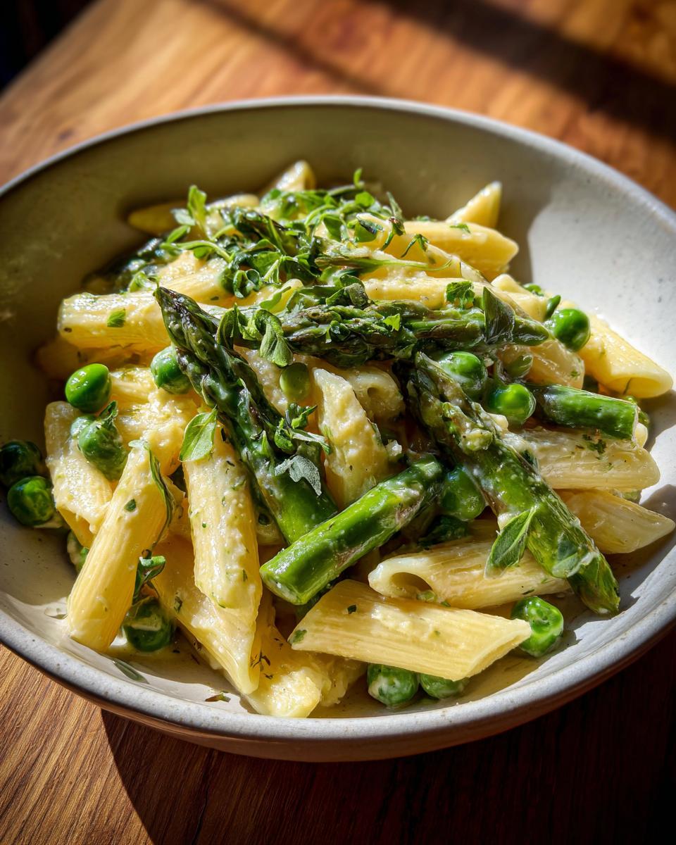 Bowl of creamy spring pasta recipes with penne, asparagus, peas, and fresh herbs.
