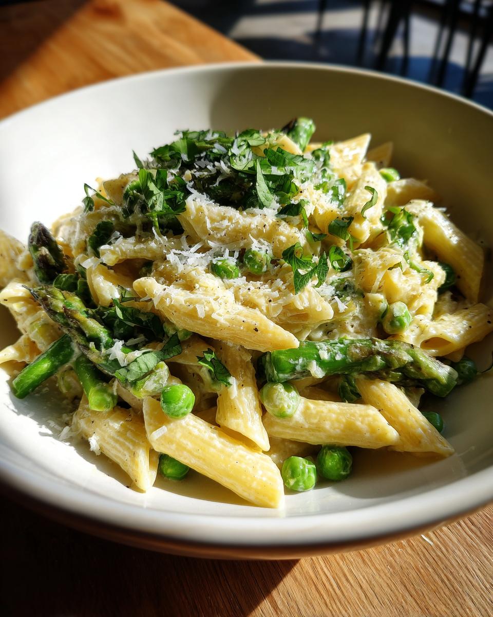 Bowl of creamy spring pasta with penne, asparagus, peas, and fresh herbs.