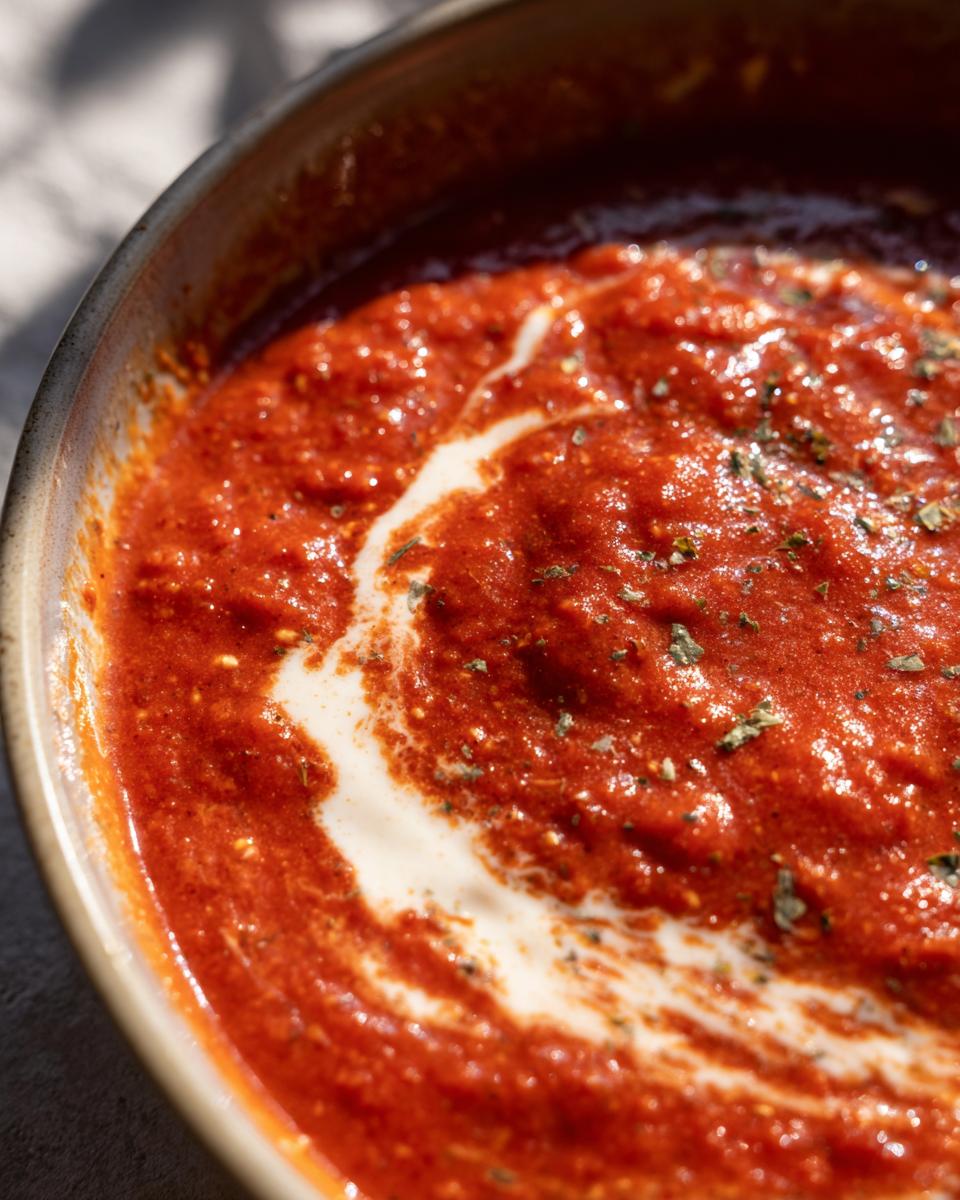 Close-up of creamy tomato sauce with herbs in a bowl, showcasing easy homemade sauces.