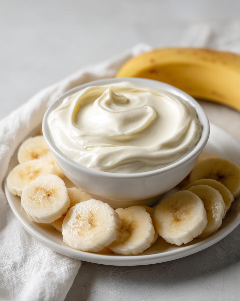 Bowl of creamy yogurt dip surrounded by fresh banana slices on a white plate.