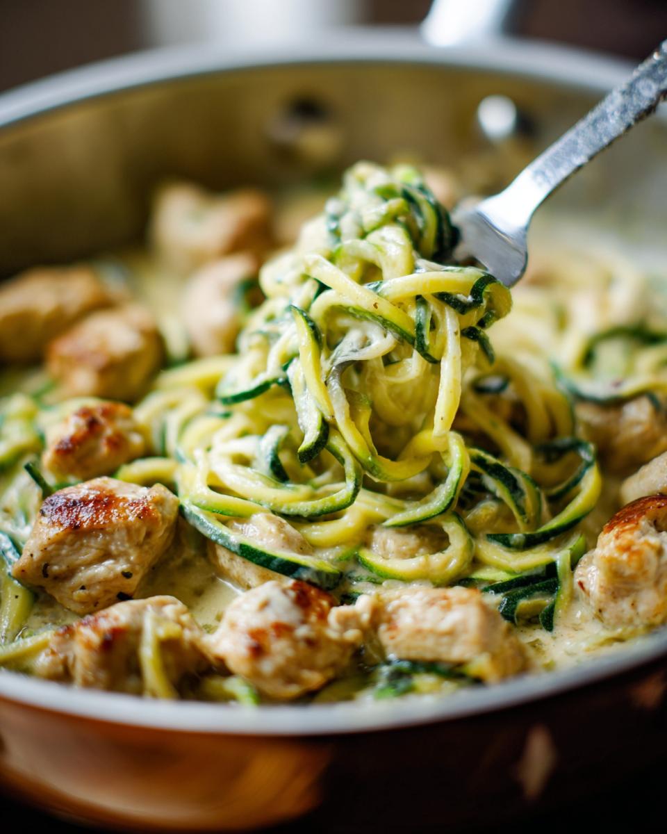 Creamy zucchini noodles with browned chicken pieces in a skillet for low carb dinner recipes