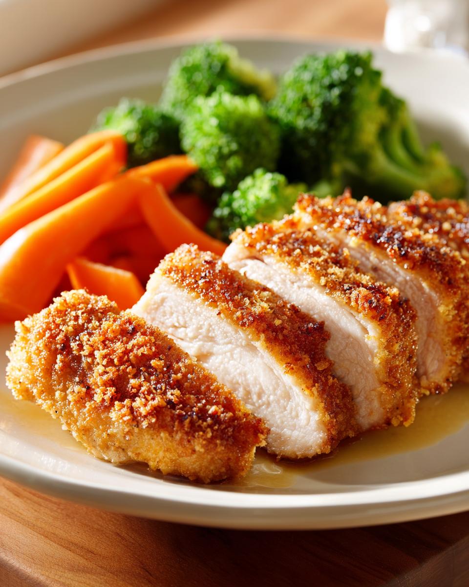 Sliced crispy breaded chicken breast served with steamed broccoli and carrot sticks on a plate.