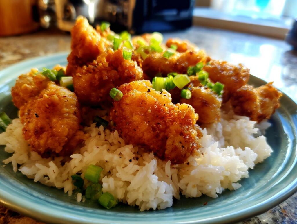 Plate of crispy fried chicken pieces served over white rice garnished with chopped green onions