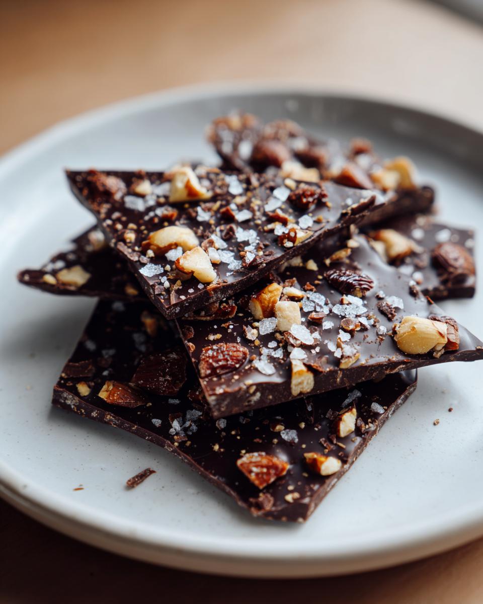 Pieces of dark chocolate bark topped with nuts and sea salt on a white plate.