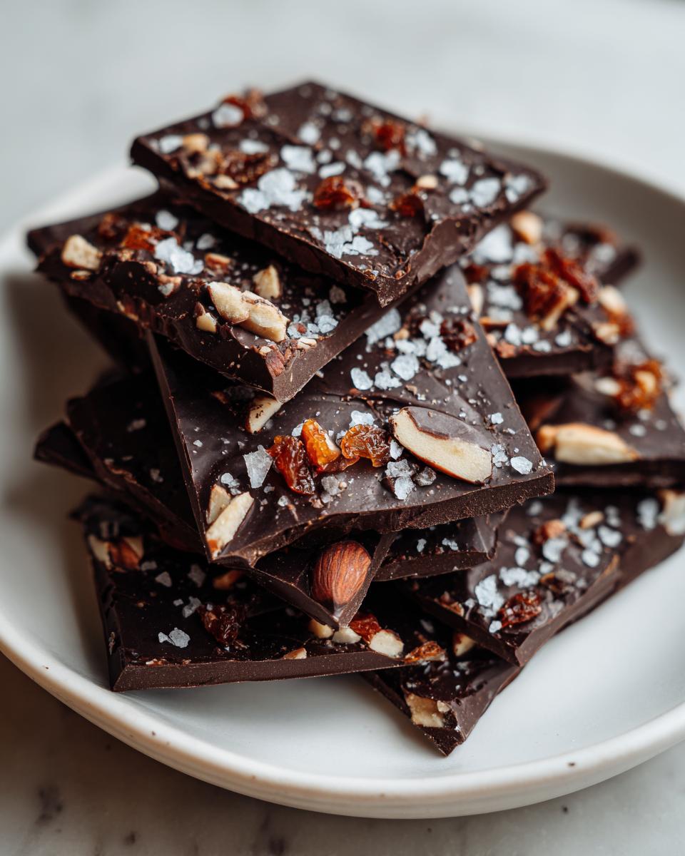 Stack of dark chocolate bark pieces topped with nuts, dried fruit, and sea salt on a white plate.