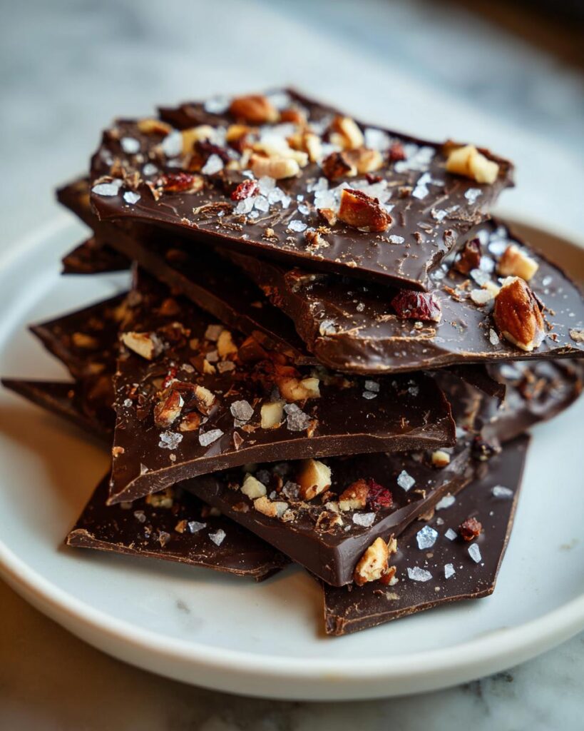 Close-up of dark chocolate bark pieces topped with nuts and sea salt on a white plate.
