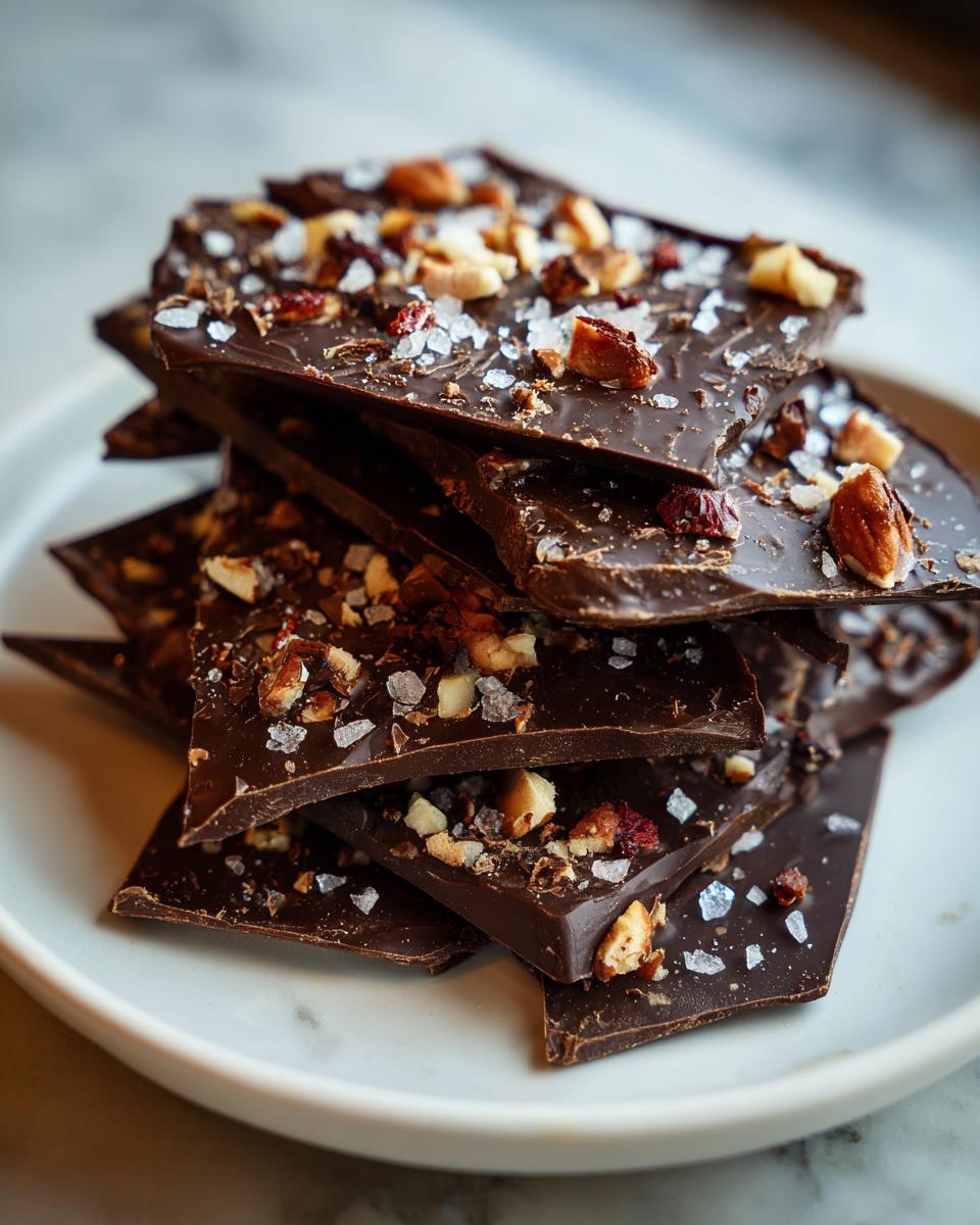 Close-up of dark chocolate bark pieces topped with nuts and sea salt on a white plate.