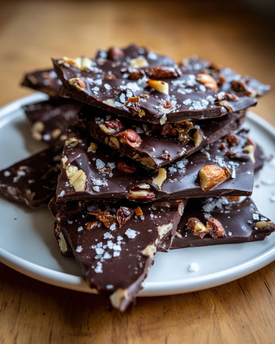 Stack of dark chocolate bark pieces with nuts and sea salt on a white plate.