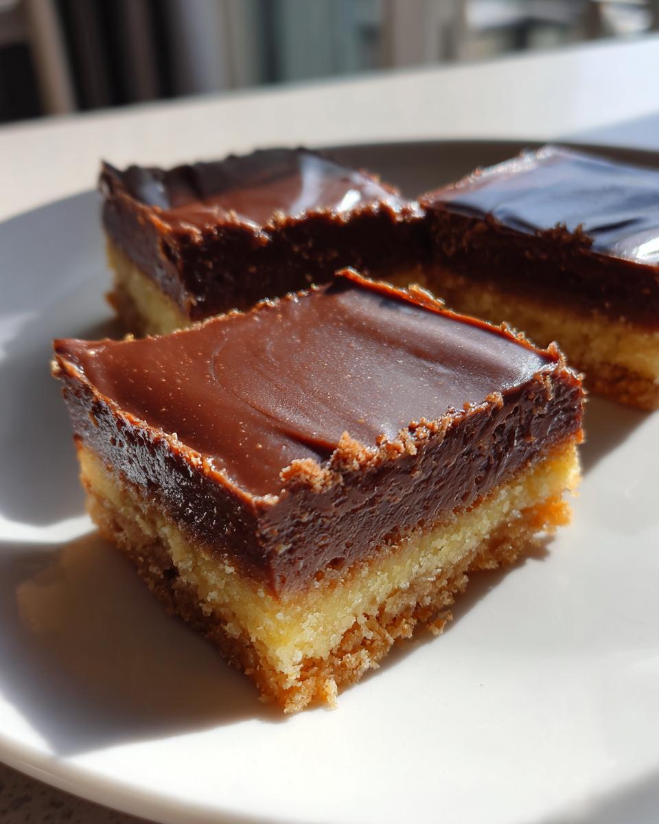 Three chocolate dessert bars with a thick chocolate layer on top and a crumbly base on a white plate.
