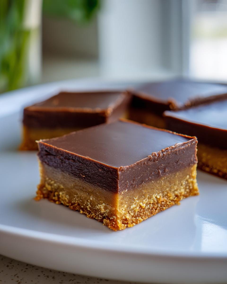 Close-up of layered chocolate dessert bars with a crumbly base on a white plate