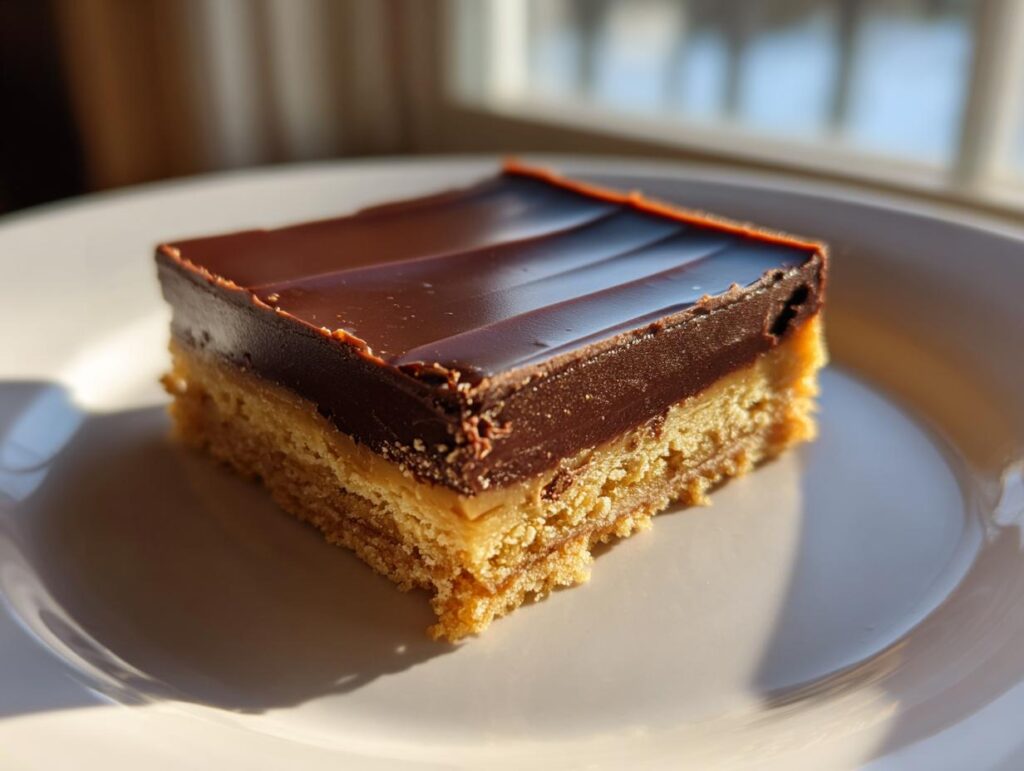 A slice of chocolate dessert bars with a thick chocolate layer on top and a crumbly base on a white plate.