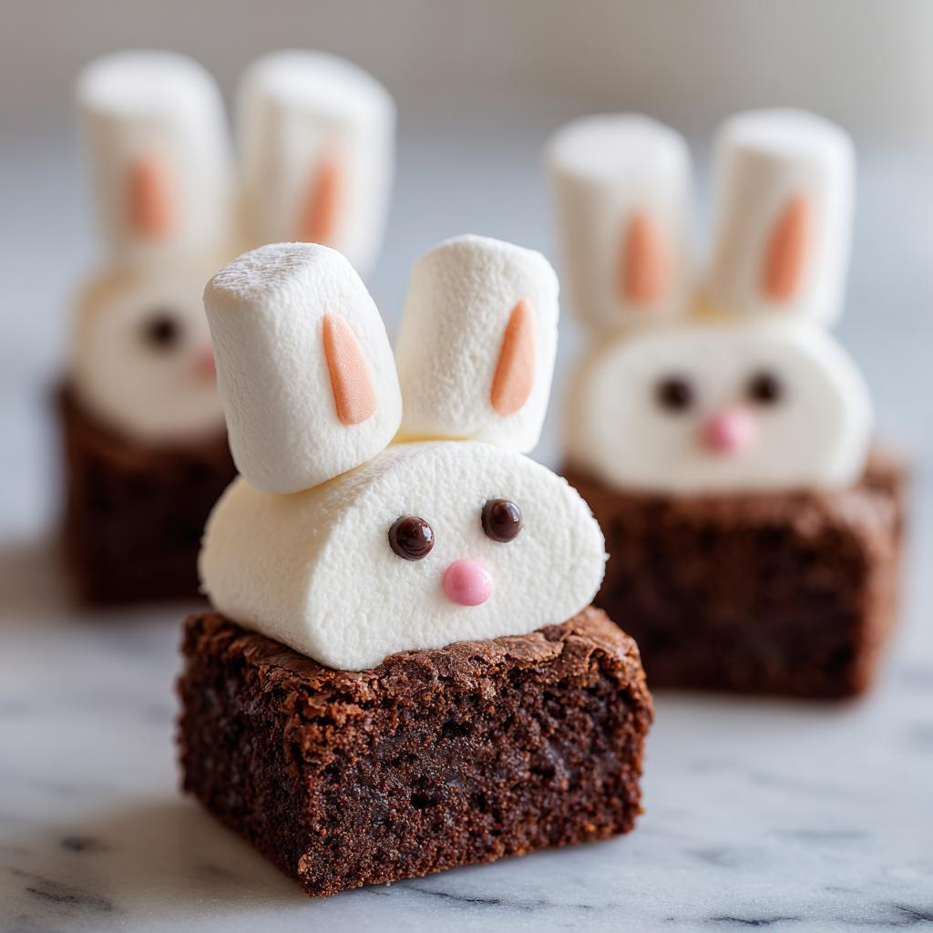 Close-up of Easter bunny brownies topped with marshmallows and candy eyes on marble surface.