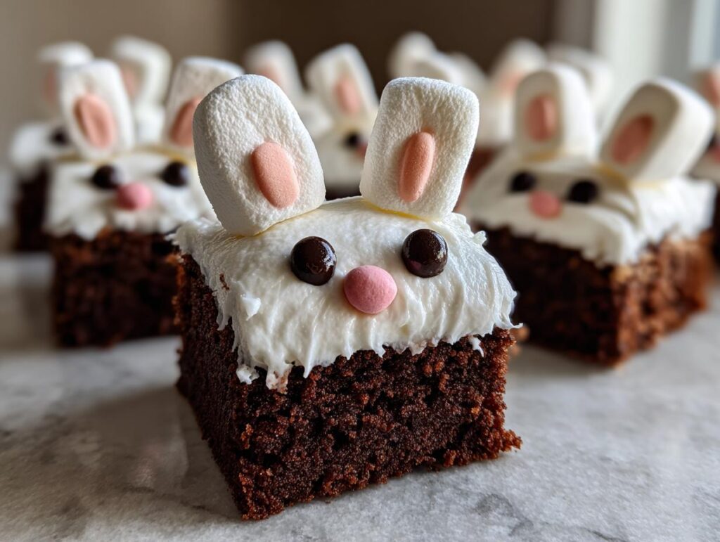 Square Easter bunny brownies topped with white frosting, marshmallow ears, and candy eyes and nose.