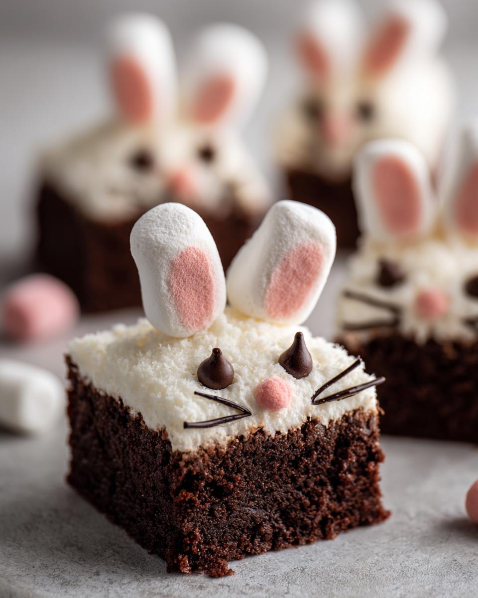 Square Easter bunny brownies decorated with white frosting, marshmallow ears, and chocolate details.
