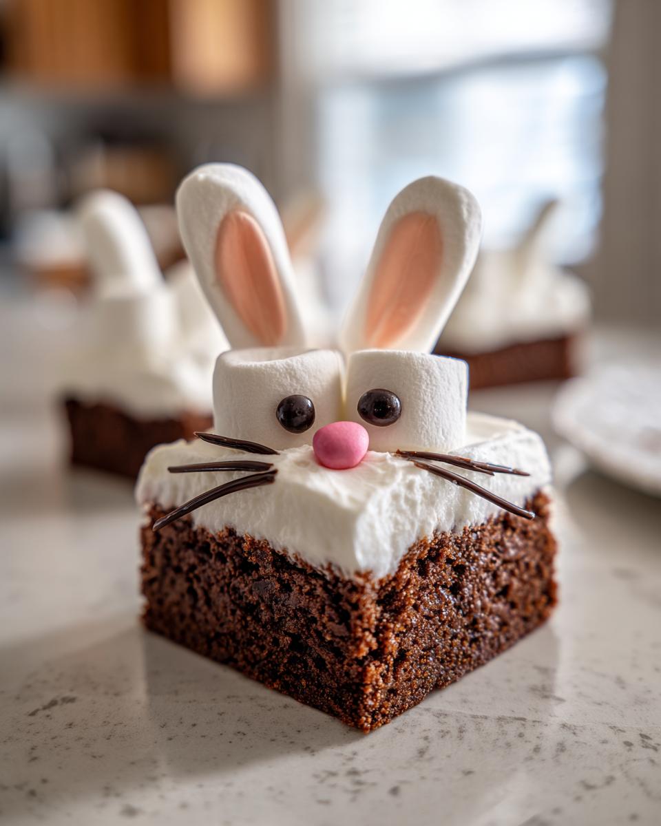 Close-up of Easter bunny brownies decorated with marshmallow ears, candy eyes, and pink nose.