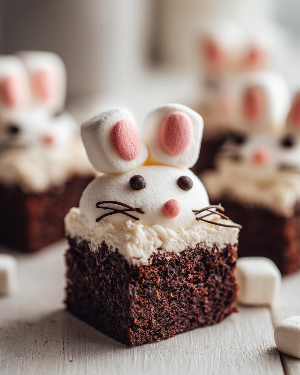 Close-up of Easter bunny brownies decorated with marshmallows and frosting on a wooden surface.