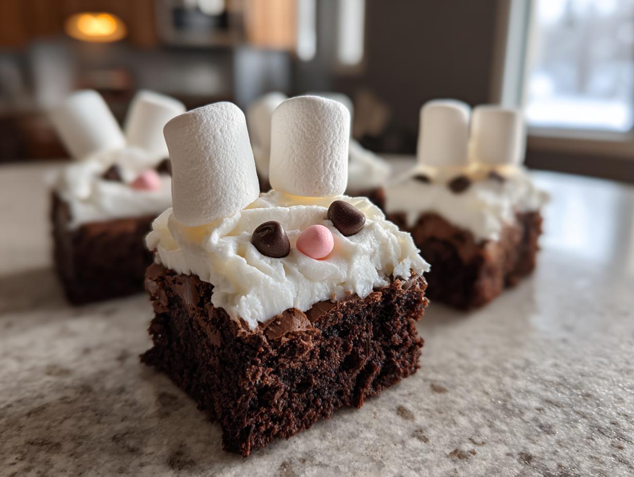 Easter bunny brownies decorated with white frosting, marshmallow ears, and chocolate chip eyes.