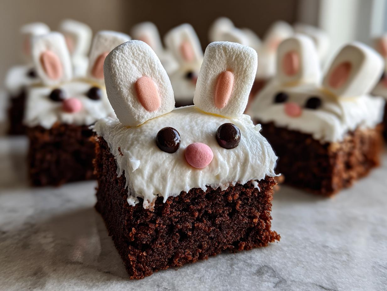Square Easter bunny brownies topped with white frosting, marshmallow ears, and candy eyes and nose.