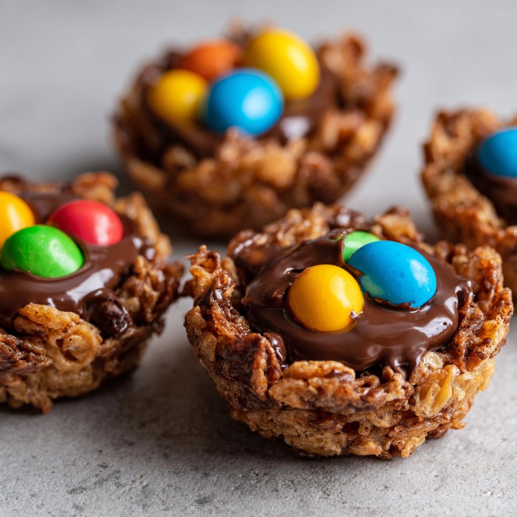 Close-up of Easter cereal nests filled with melted chocolate and colorful candy eggs.