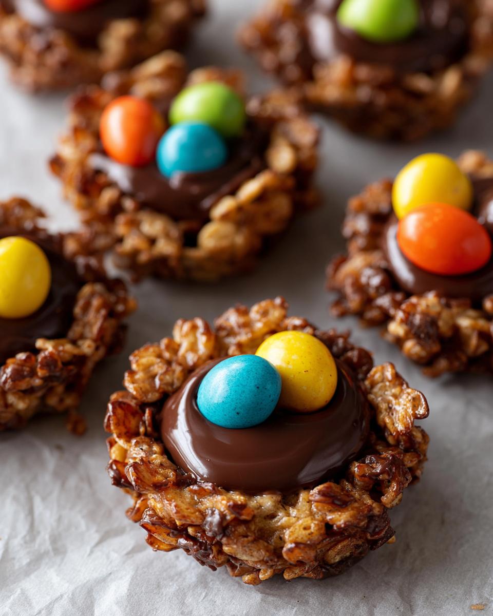 Close-up of Easter cereal nests filled with chocolate and colorful candy eggs.
