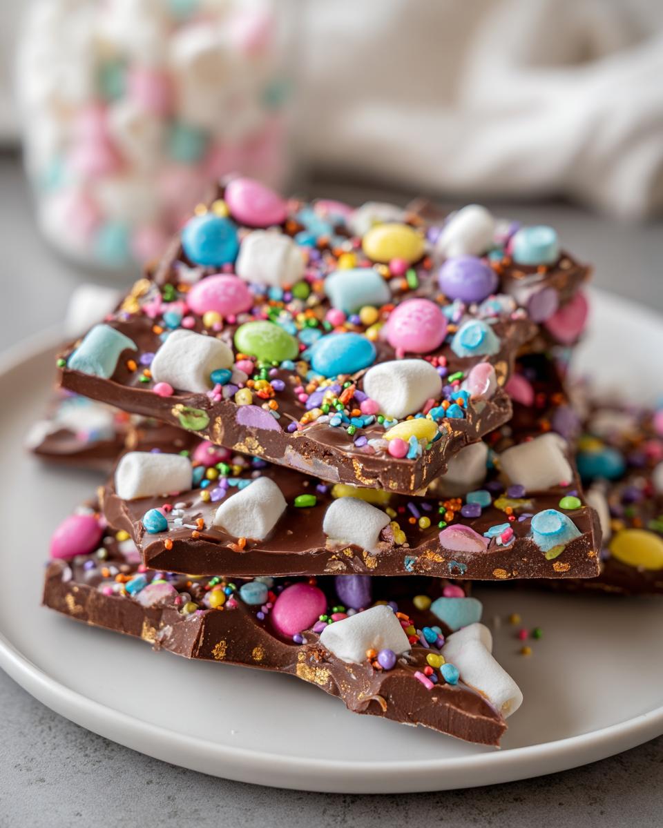 Stacked pieces of Easter chocolate bark with colorful candies and marshmallows on a white plate.