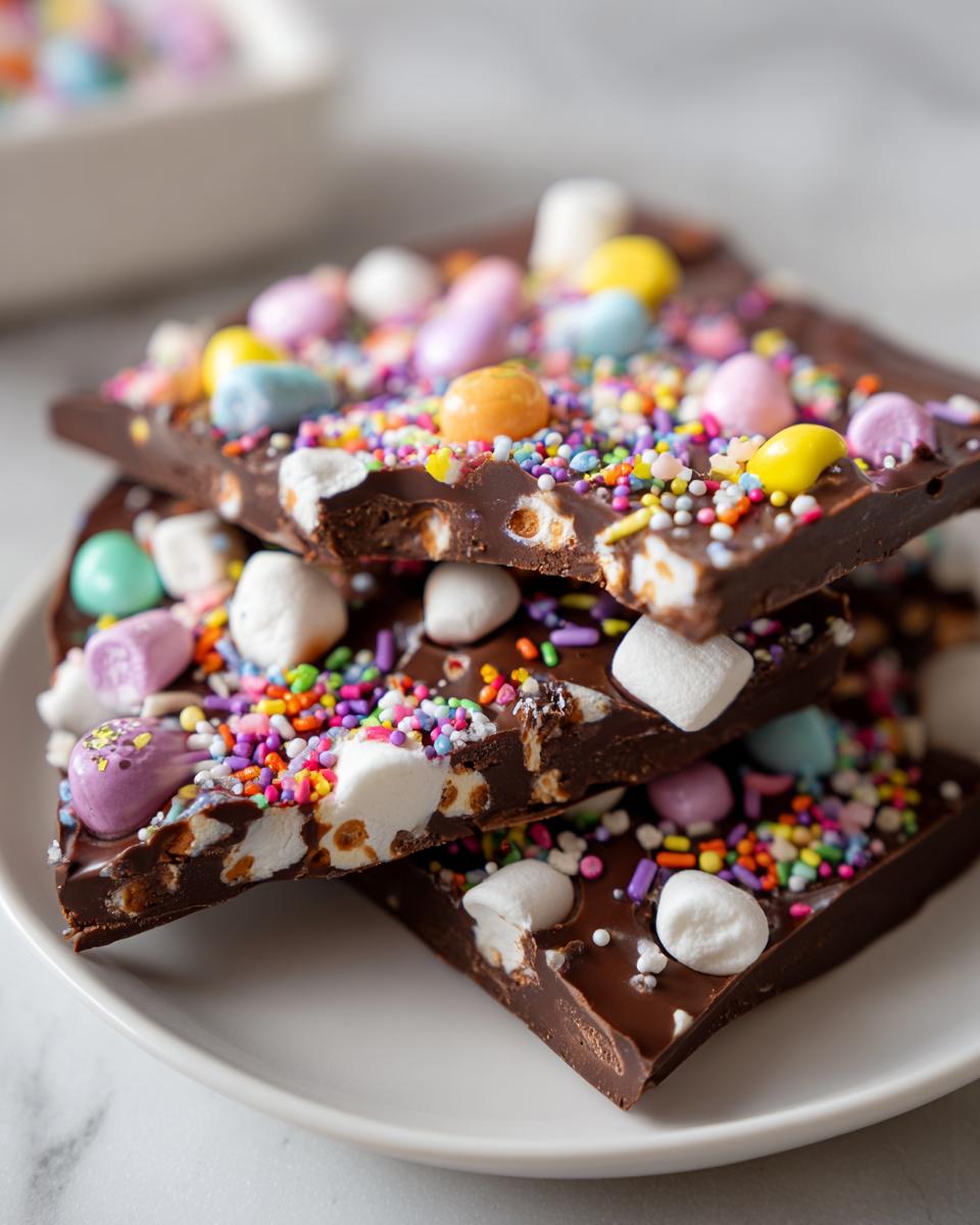 Stacked pieces of Easter chocolate bark recipes with marshmallows and colorful sprinkles on a white plate.