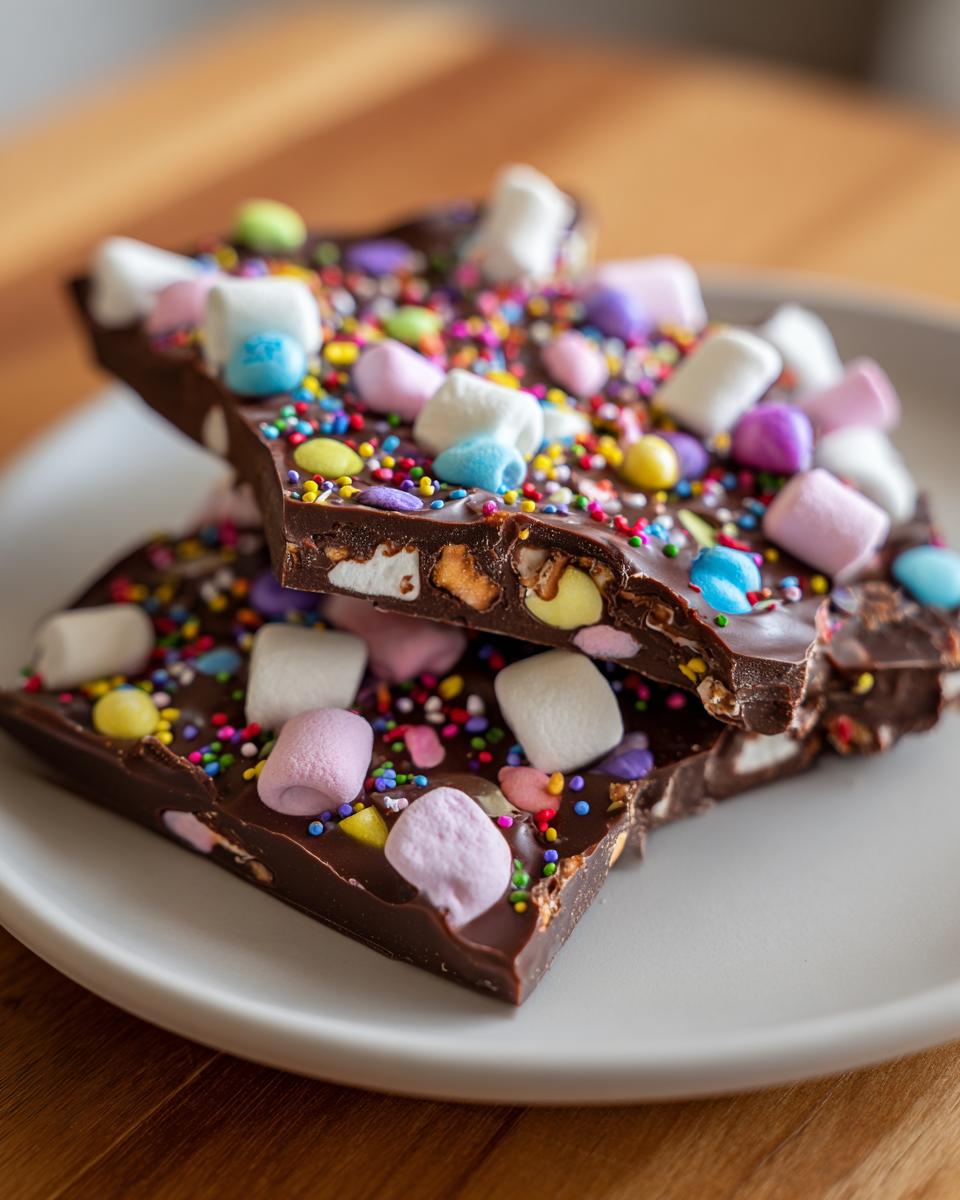 Close-up of Easter chocolate bark recipes with marshmallows and colorful sprinkles on a plate.