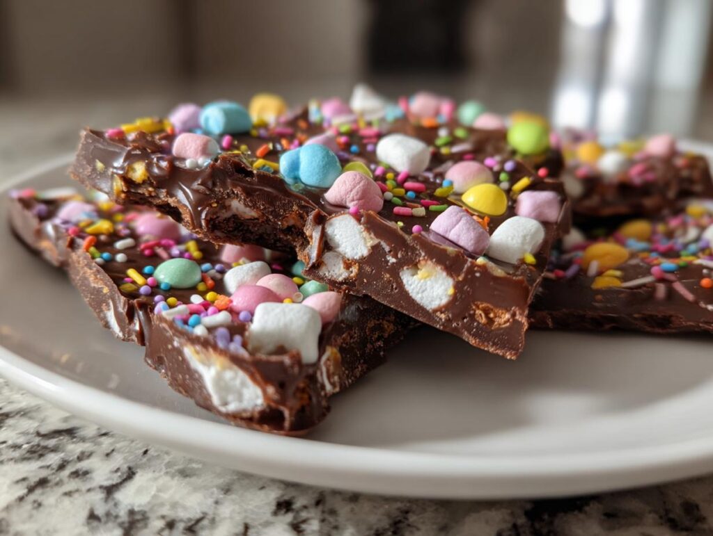 Close-up of Easter chocolate bark recipes with marshmallows and colorful sprinkles on a white plate.