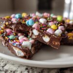 Close-up of Easter chocolate bark recipes with marshmallows and colorful sprinkles on a white plate.