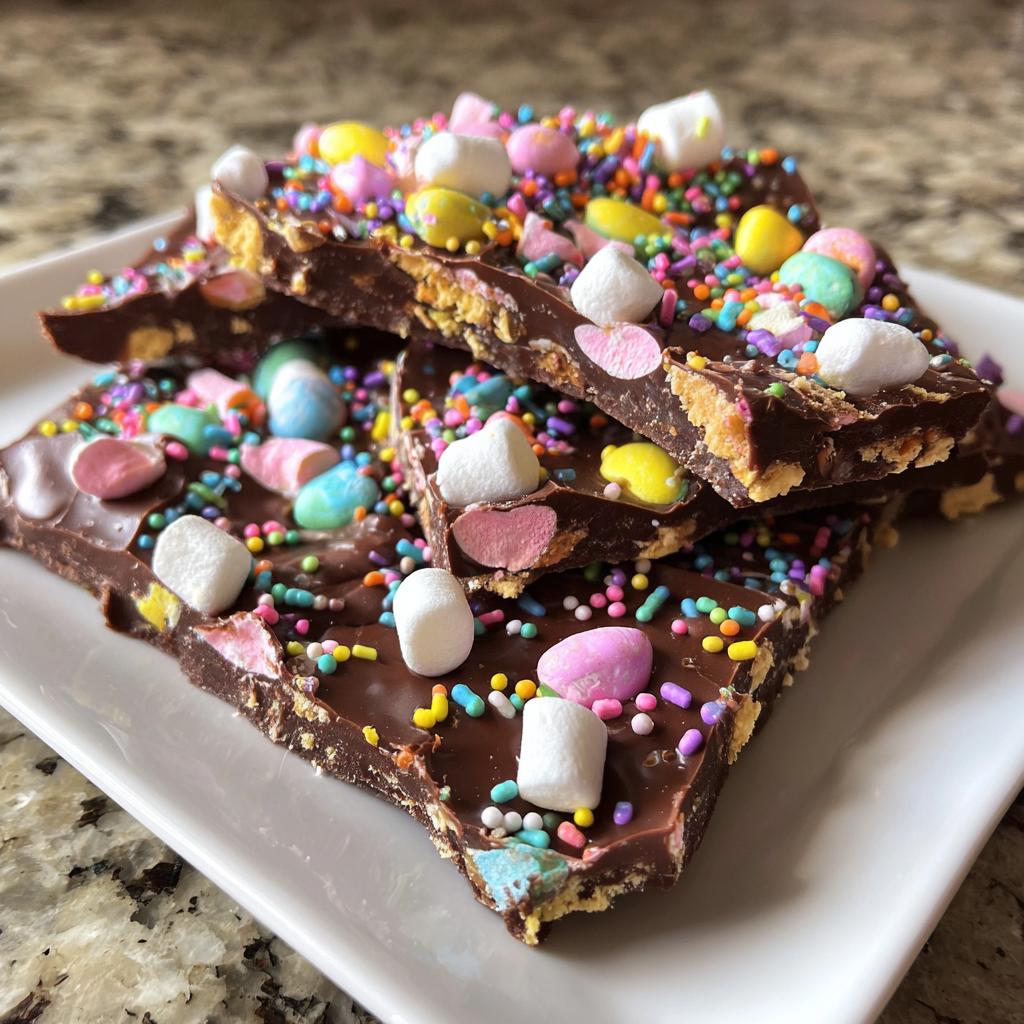 Pieces of Easter chocolate bark with marshmallows and colorful sprinkles on a white plate.