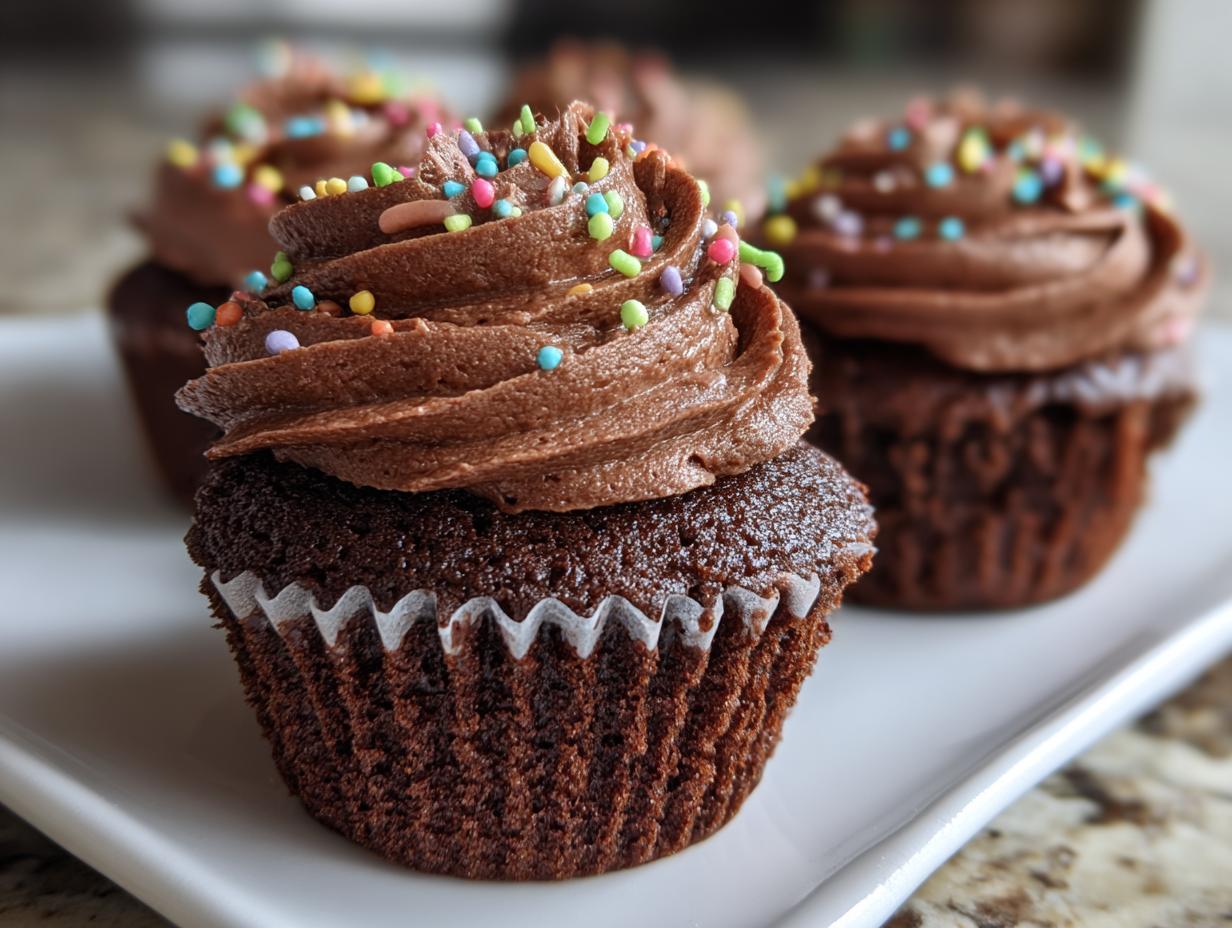 Easter chocolate cupcakes with chocolate frosting and colorful sprinkles on a white plate