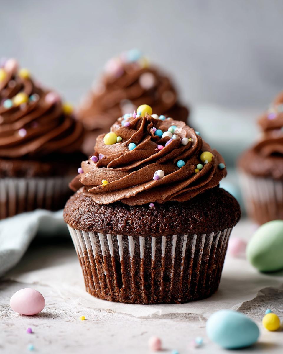 Close-up of Easter chocolate cupcakes with chocolate frosting and colorful sprinkles
