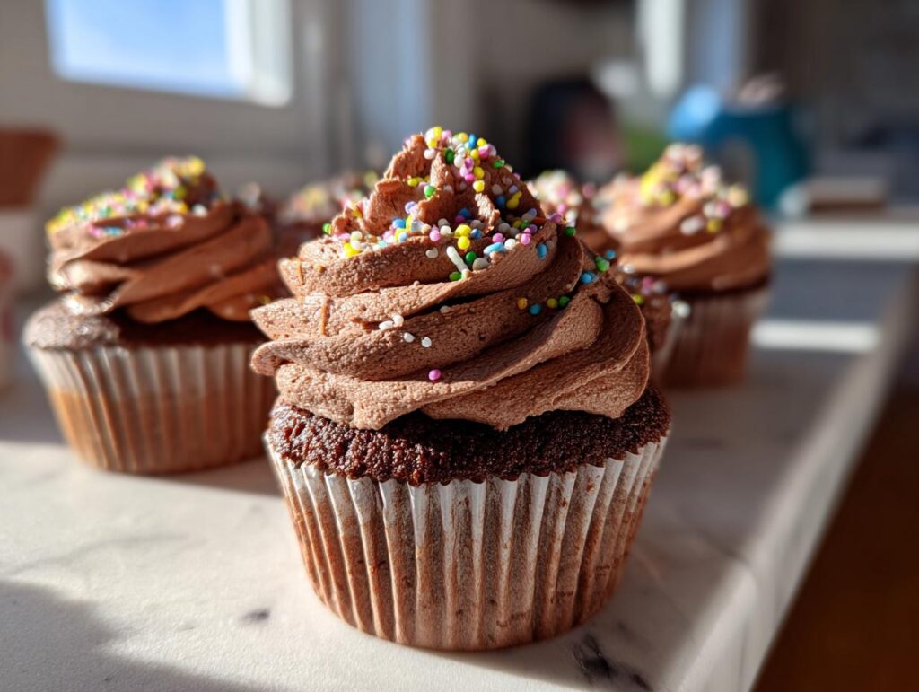 Close-up of Easter chocolate cupcakes with chocolate frosting and colorful sprinkles.