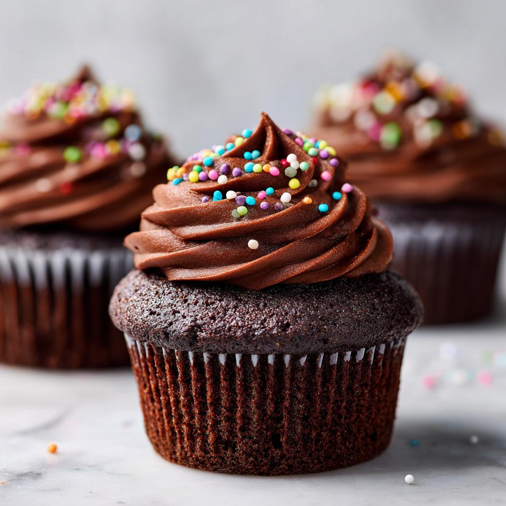 Close-up of Easter chocolate cupcakes topped with chocolate frosting and colorful sprinkles.