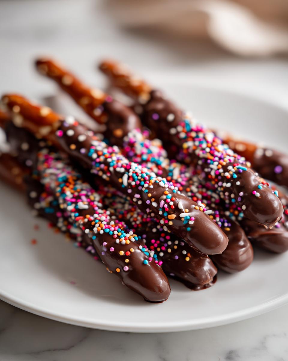 Pretzel sticks dipped in chocolate and covered with colorful sprinkles on a white plate, Easter chocolate dipped treats