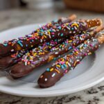 Pretzel sticks dipped in chocolate and decorated with colorful sprinkles on a white plate